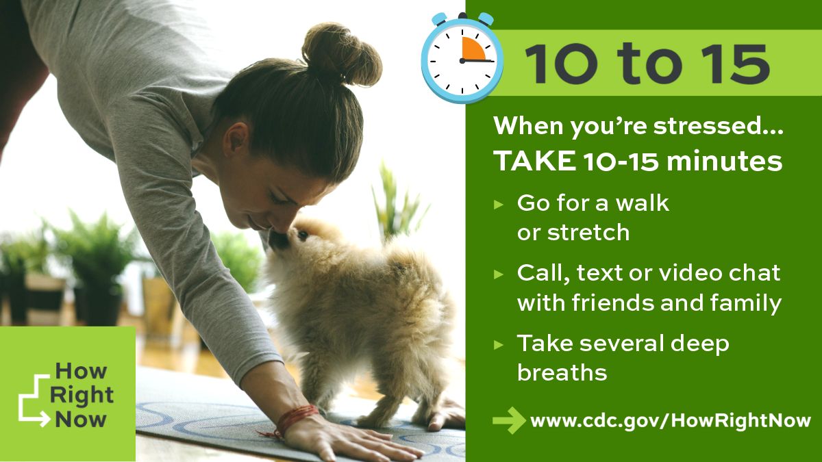 CDCgov's tweet photo. Cuddling with your pups or taking them on a walk can be great ways to relieve stress. Even a 10–15-minute break can do wonders.
Make today the day you take 10-15 minutes to do something to care for yourself: https://t.co/bANh3FX7mx
#HowRightNow #PuppyCam https://t.co/v05x4bovPl