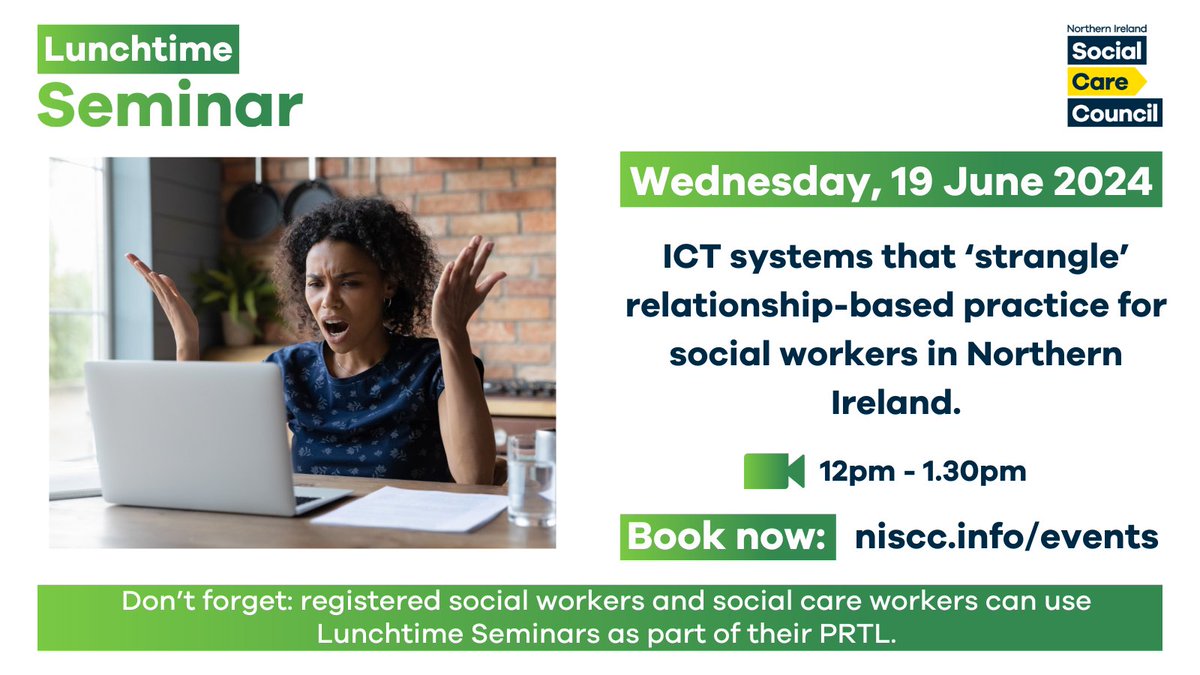 Join the Social Care Council for this Lunchtime Seminar detailing the views of social workers regarding their current ICT systems. This seminar is free - just click to reserve your place. niscc.info/events/lunchti… #LunchtimeSeminar #Yes2SocialWork #SocialWorkNorthernIreland