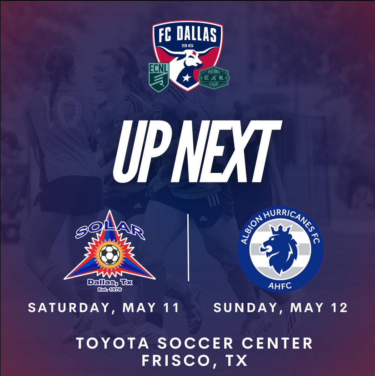 Up Next ⏭️ Home games v Solar and Albion (07 and 08NL only) this weekend. Let’s get it! 🔥 💫 #DTID | @ecnlgirls | @fcdallas | #HeartAndHustle