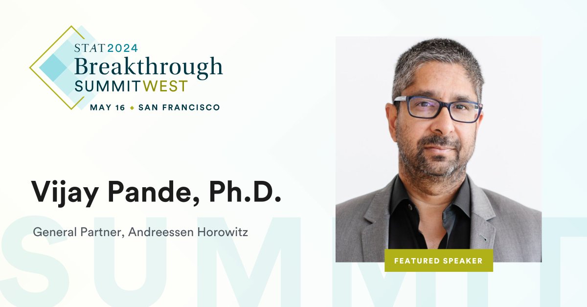 On 5/16 at the #STATBreakthrough Summit West, @vijaypande will join @insitro’s @DaphneKoller and @Novartis Institute For Biomedical Research’s Derek Lowe for a panel moderated by @statnews’ @matthewherper on setting expectations for AI in drug development. More 👇…