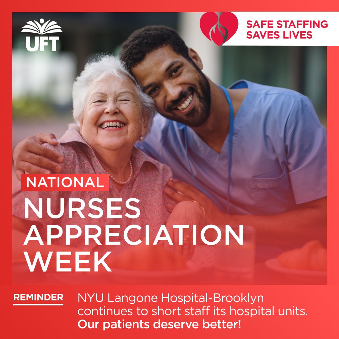 .@UFT nurses continue to work in nurse-to-patient ratios that are outside of legal guidelines.

Our critical workers deserve better. This has to stop.

Tell their VP of Nursing & Patient Care to staff up NOW! #SafeStaffingSavesLives☎️Call 718.630.7000
#NursesWeek