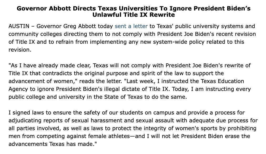 Texas will not comply with President Biden’s rewrite of Title IX. Period. Today, I instructed Texas public colleges and universities to ignore this illegal rewrite. Texas will not let President Biden impose a leftists belief and erase advancements our state has made.