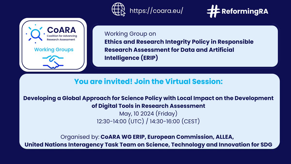 Interested in #AI #SciencePolicy Responsible #ResearchAssessment? - 𝐘𝐨𝐮 𝐚𝐫𝐞 𝐈𝐧𝐯𝐢𝐭𝐞𝐝!  Join us on May 10 for a 💻virtual UN side session. 𝐑𝐞𝐠𝐢𝐬𝐭𝐞𝐫 𝐯𝐢𝐚 𝐙𝐨𝐨𝐦 𝐡𝐞𝐫𝐞: shorturl.at/jovX9 🔎Panellist & detailed programme: shorturl.at/ctzJL
