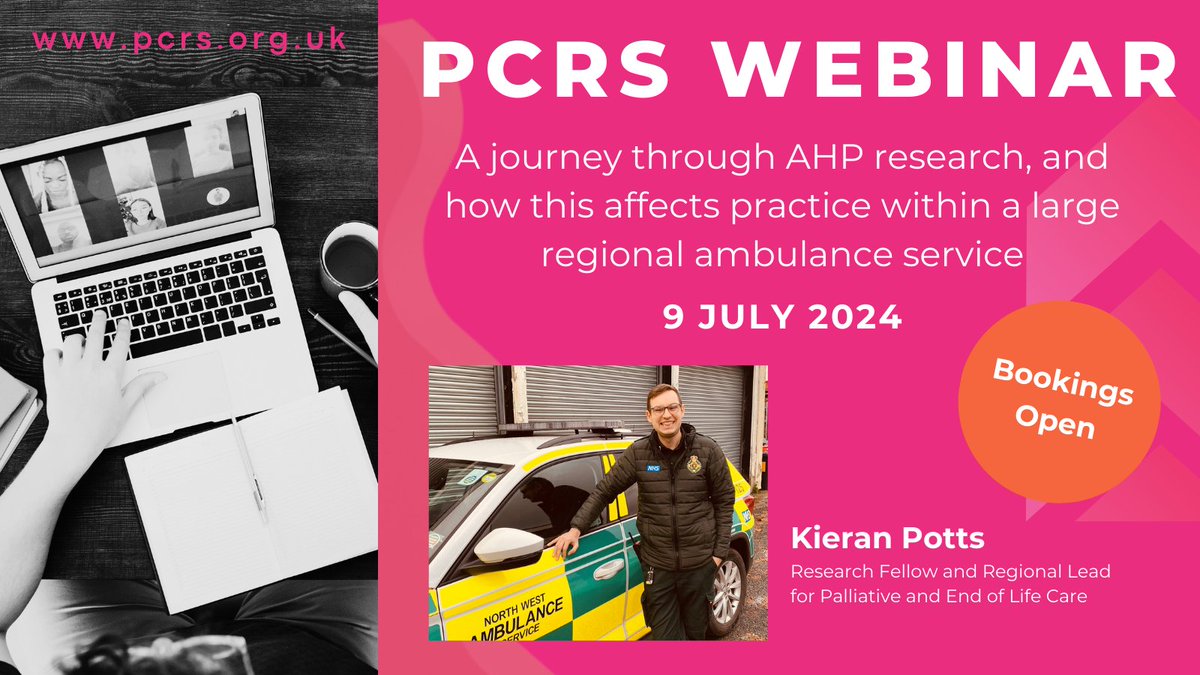Join us for our next webinar
A journey through AHP research, and how this affects practice within a large regional ambulance service

🗓️9 July
⏰13:00 - 14:00
👤Kieran Potts @NWAmb_kieran

Don't miss out!
🎟️Book your tickets here 👇
pcrs.org.uk/events/a-journ…