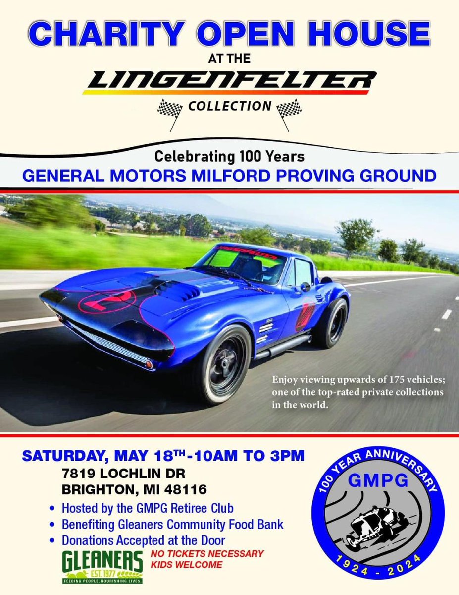 SAVE THE DATE!!  GM Proving Grounds Retire Group is Hosting an event at the Lingenfelter Collection supporting @Gleaners Brighton, Michigan