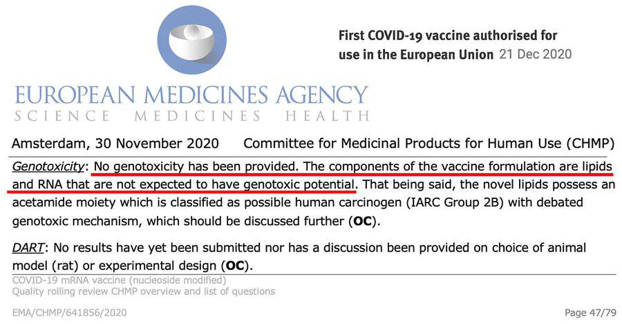 Pfizer admitió que había realizado CERO estudios sobre el cáncer en sus inyecciones Covid de ARNm . ¿Qué tan malos fueron sus datos? Pfizer declaró sobre la Genotoxicidad: No se estudió la posible genotoxicidad. 'Los componentes de la formulación de la vacuna son lípidos y ARN…