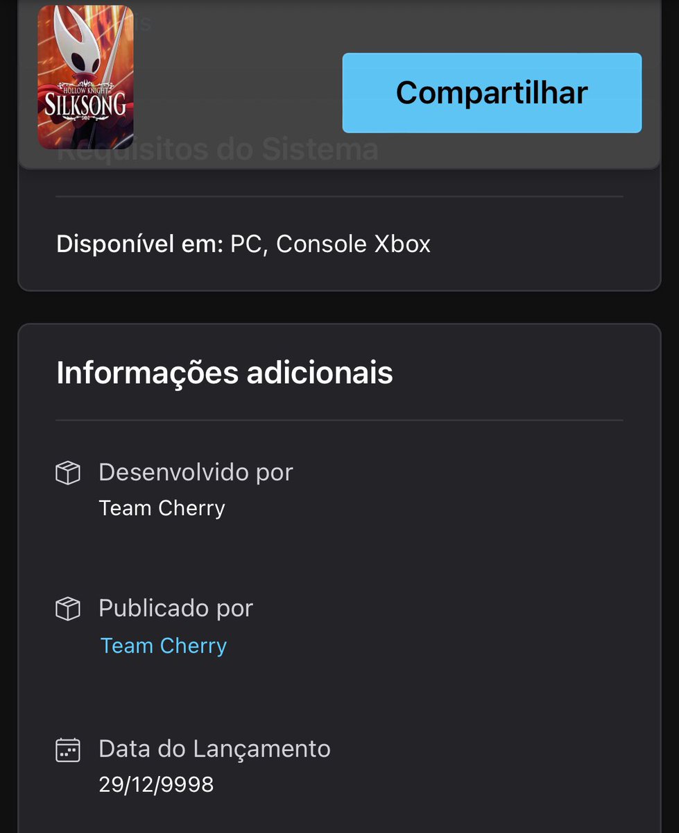 HOLLOW KNIGHT: SILKSONG RECEBEU DATA DE LANÇAMENTO NA MICROSOFT STORE 

FALTAM APENAS 7974 ANOS 👇👇