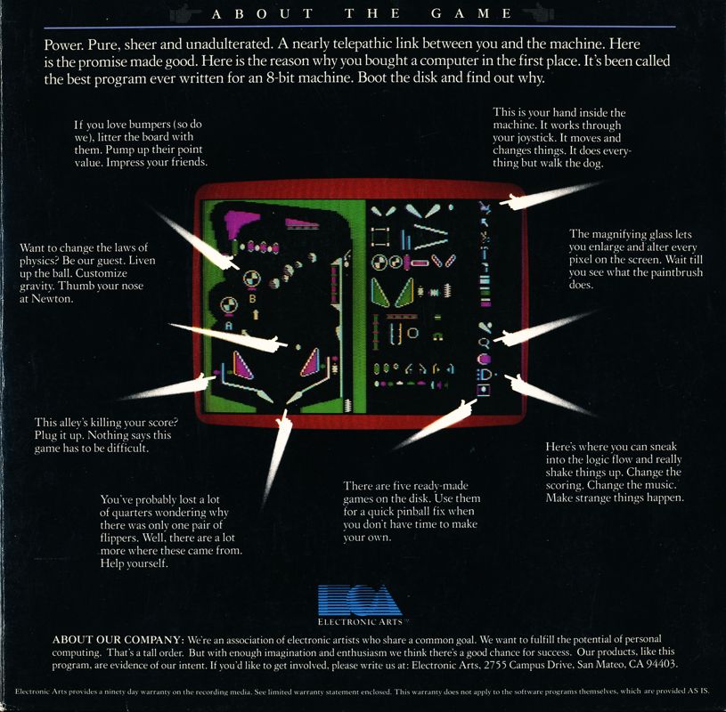 A ještě jeden skvělý cover z rané tvorby EA, Pinball Construction Set z roku 1982. Všimněte si prostoru, který dostal na krabici vývojář Bill Budge. To byla jiná EA: 'Jsme sdružení elektronických umělců, kteří mají společný cíl. Chceme naplnit potenciál osobních počítačů.'