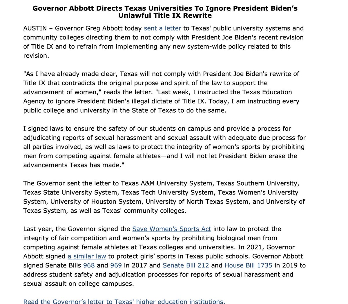 BREAKING: @GovAbbott tells Texas universities to ignore Biden's Title IX rewrite after @TexasScorecard reported on Texas A&M's rush to implement the controversial new rules