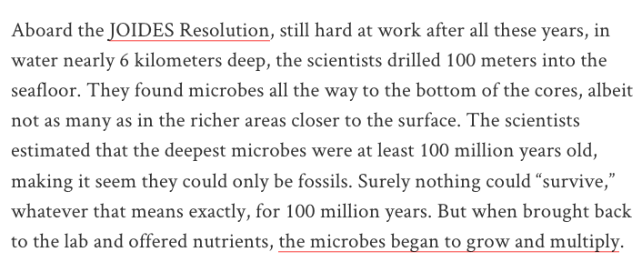 True stories that sound like premises for bad movies: Scientists discovered bacteria 6km down in the ocean. They're 100 million years old. And they came back to life. thereader.mitpress.mit.edu/how-deep-does-… (via @mathewi)