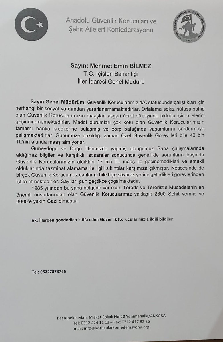 Anadolu Konfed Genel Başkanı Sn. @OrhanKa22507989 den; İçişleri Bakanı Sn. @AliYerlikaya İçişleri Bakan Yard. Sn. @mehmetaktas023 İller İdaresi Gen. Müd. Sn. @valibilmez Jandarma Genel Kom. Sn. Arif ÇETİN'e #GüvenlikKorucuları Sorun ve Taleplerini Açık Mektup İle İletti.