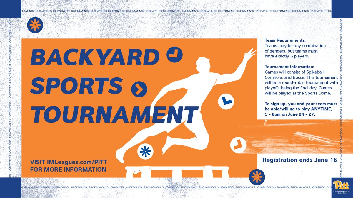 Introducing the Backyard Sports Tournament! Join us with your team of six for of Spikeball, Cornhole, and Bocce, happening June 24-27! Register online by June 16 at imleagues.com/pitt #H2P #PittNow