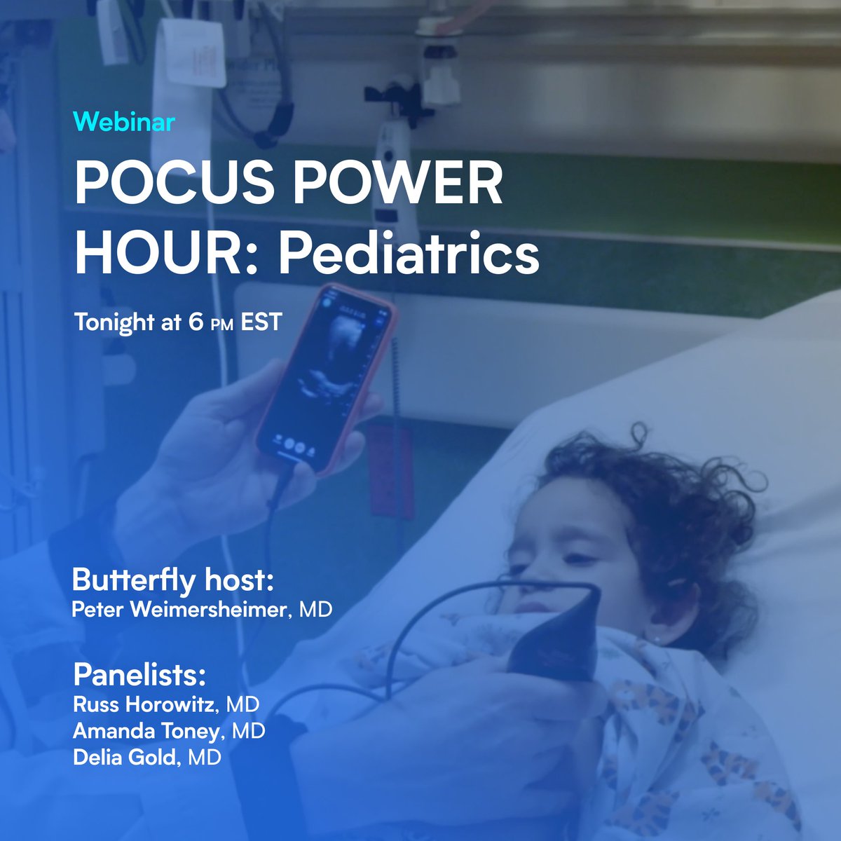 TONIGHT at 6pm EST, our webinar POCUS Power Hour: Pediactrics. Kids are more sensitive to ionizing radiation, making POCUS the perfect technology for pediatrics. Join POCUS experts Dr. Delia Gold, Dr. Russ Horowitz, & Dr. Amanda Toney. Register here: bit.ly/3wdgtKu