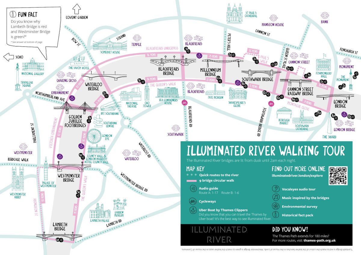 Did you know that the Thames Path extends for 185 miles? In #NationalWalkingMonth, why not walk the #IlluminatedRiver section of the Path accompanied by our free audio guides and music from @guildhallschool students? Downloads available here > bit.ly/3U5zckP