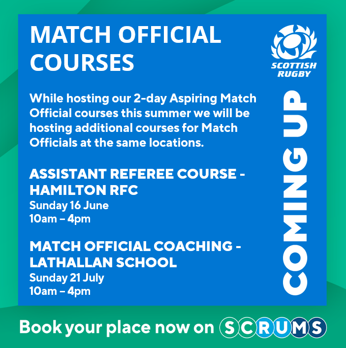 During our Aspiring Match Official Courses this summer we will be hosting additional courses for Match officials 🤩 

Please note if you are attending the Aspiring Course at the same location you are unable to participate in both.

Book your place via SCRUMS now ➡️