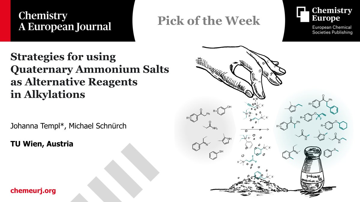 Our Pick of the Week, out #OpenAccess in @ChemEurJ by @TemplJohanna & @Schnuerchlab (@tu_wien): 'Strategies for using Quaternary Ammonium Salts as Alternative Reagents in Alkylations' 🧂 ow.ly/IohV50RzxxP More great review content? 👉 ow.ly/5xgj50RzxBv