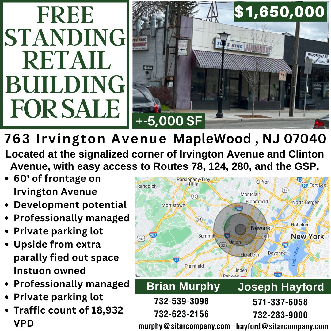 Free Standing Retail Building For Sale!
763 Irvington Avenue Maplewood, NJ 07040
Contact Brian Murphy or Joseph Hayford for more information.
#SitarRealtyCompany #CRE #MaplewoodNJ