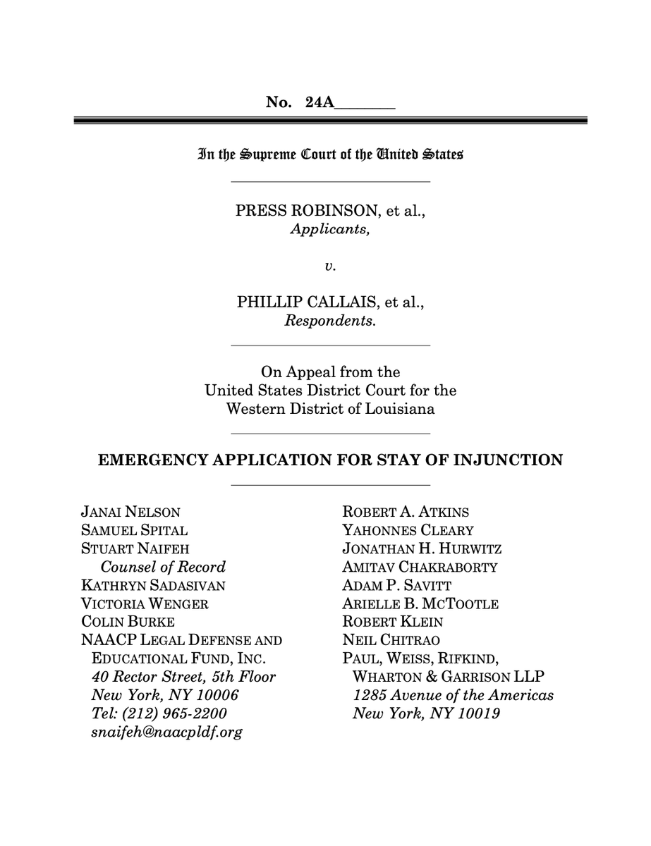 🚨NEW: Black intervenors in the Louisiana racial gerrymandering case have asked SCOTUS to pause the order striking down the state's new congressional map pending appeal. Application for stay here: supremecourt.gov/DocketPDF/23/2…
