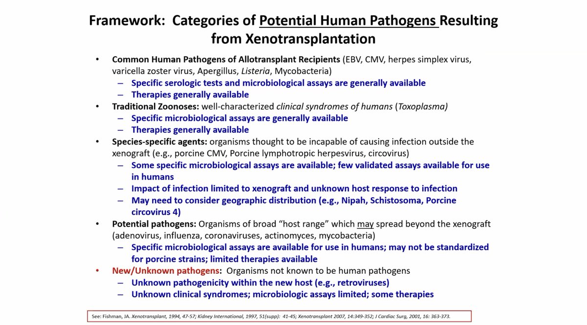 Framework: Categories of potential human pathogens from xenotransplantation. In addition to the usual suspects, we worry about zoonoses, species-specific agents (eg porcine CMV, porcine lymphotropic herpesvirus, circovirus), PERV
