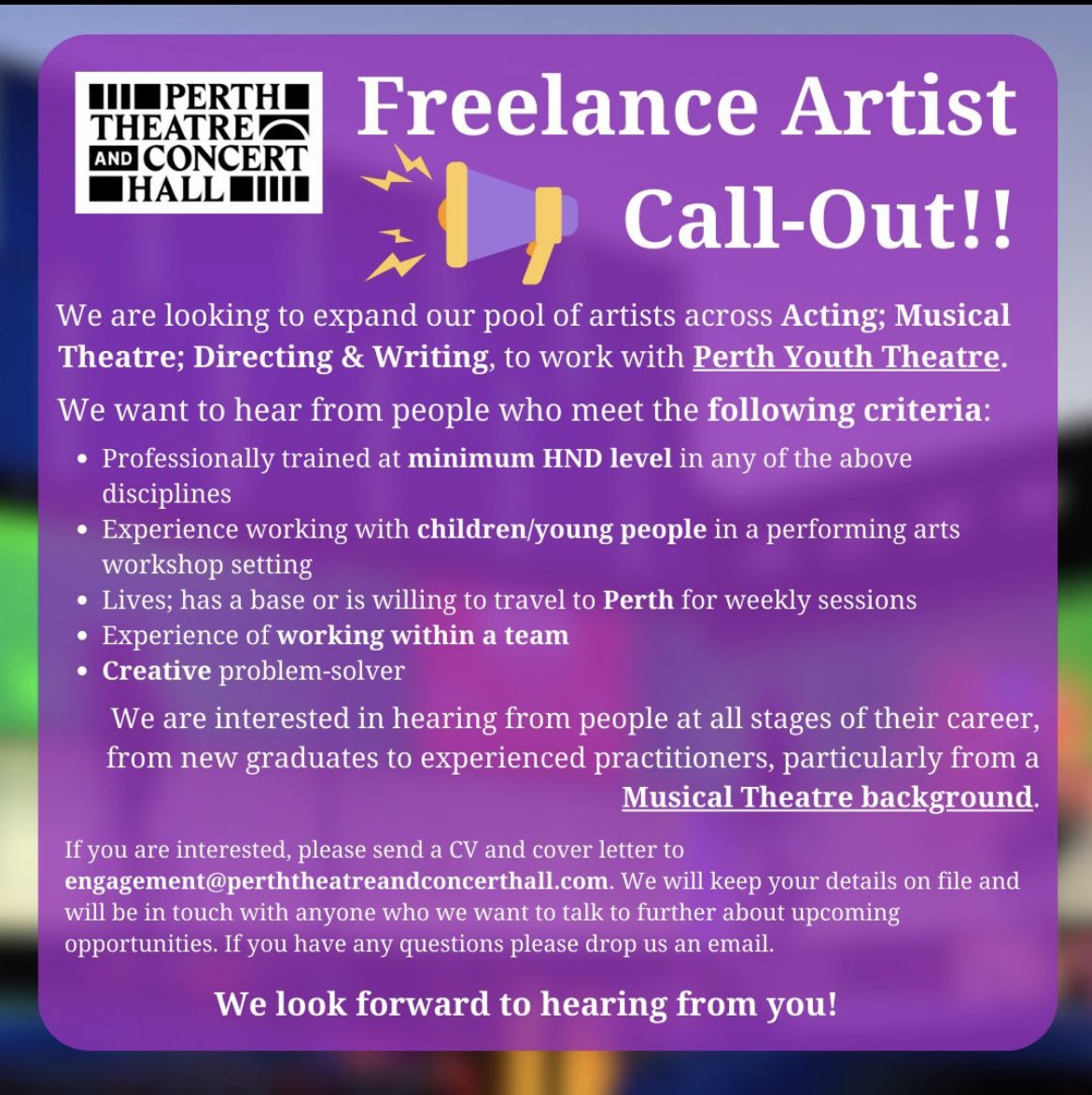 We are looking for new artists to join us and work with our young people in our beautiful theatre and spaces. We have some really exciting plans over the coming year so please share; retweet and get in touch if you are interested. @EngagePerthTCH @perthTCH  #freelancers #youthart