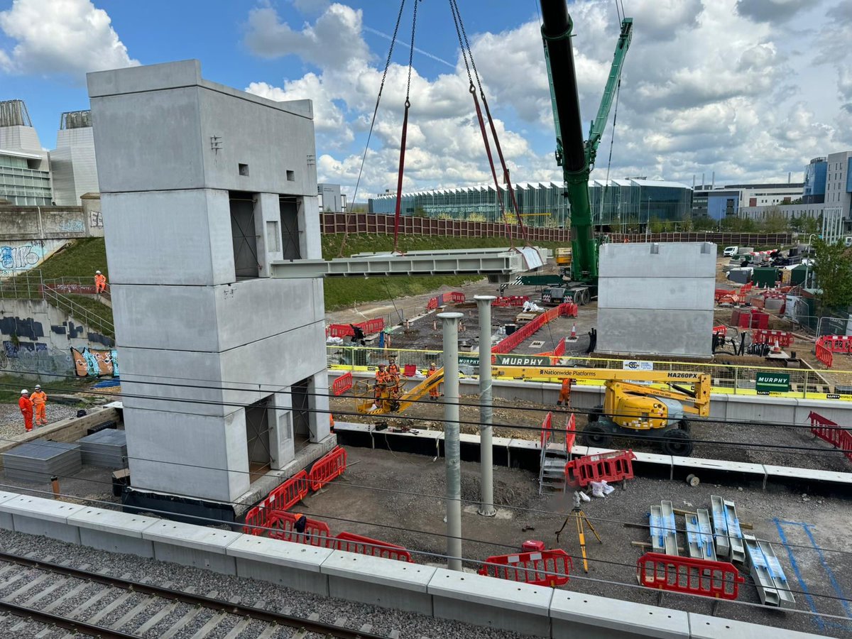 #CambridgeSouth is progressing well. The lifts shafts are being lifted into place, the western station building roof is extending along the platforms, new points were installed at Shepreth Branch Jct over the May bank holiday, along with work on the overhead electrification.