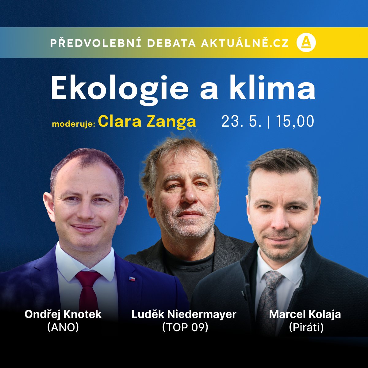🚨 Ve čtvrtek 23.5. pro vás chystáme předvolební debatu na téma ekologie a klima s europoslanci <a href="/KnotekOndrej/">Ondřej Knotek</a>, <a href="/LudekNie/">Luděk Niedermayer</a> a @PiratKolaja přímo u nás v newsroomu. Diskuzi bude moderovat redaktorka <a href="/ClaraZanga_/">Clara Zanga</a> .

👋🏻 Zaregistrujte se a přijďte debatovat 👉🏻 aktln.cz/8Znmuz