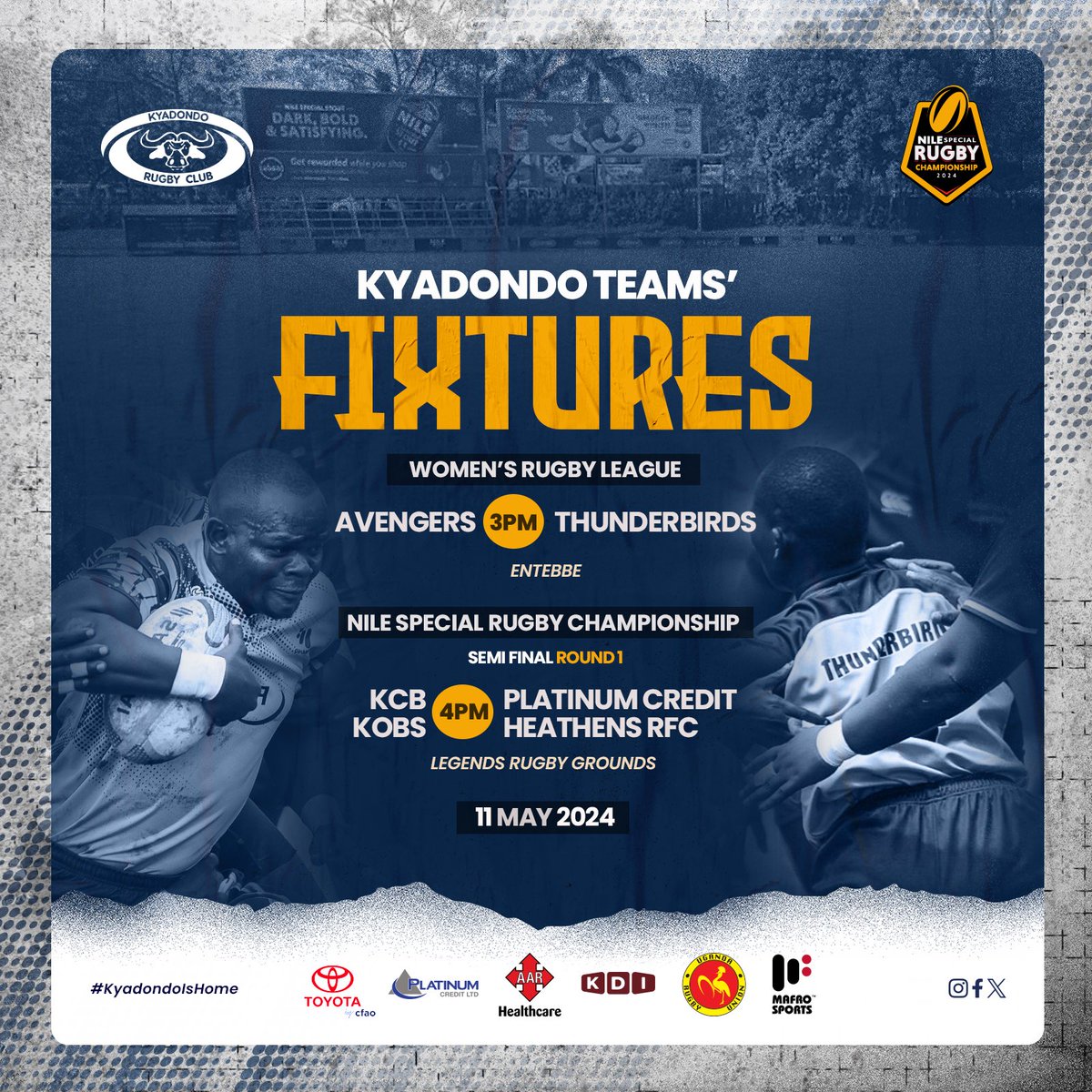 🏉 𝐒𝐀𝐓𝐔𝐑𝐃𝐀𝐘 𝐅𝐈𝐗𝐓𝐔𝐑𝐄 𝐀𝐋𝐄𝐑𝐓! Two of our teams are still actively playing the #NileSpecialRugby this Saturday.👇🏿 🔵 @Thunderbirdsrug - 𝐄𝐍𝐓𝐄𝐁𝐁𝐄 🟡 @HeathensRFC - 𝐋𝐄𝐆𝐄𝐍𝐃𝐒 #KyadondoIsHome