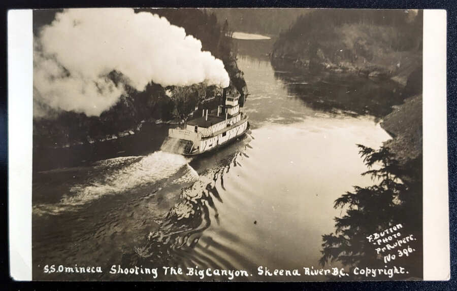 S.S. Omineca shooting the Skeena River 25 Nov 1921 3c Postcard Lot 97 in our auction Saturday 11th May 2024 #BritishColumbiaPostcards #SSOmineca #SkeenaRiver bit.ly/4boq2F6