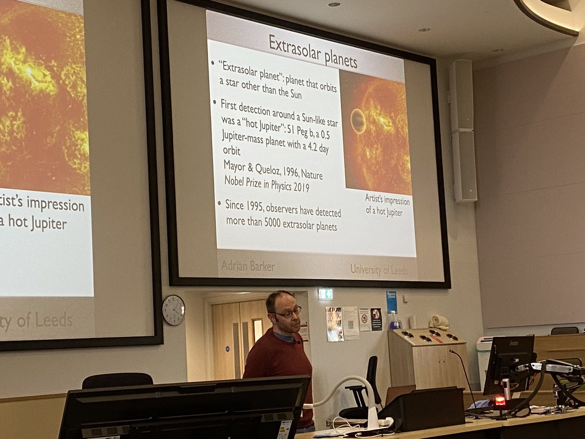 Fascinating inaugural lecture from Prof Adrian Barker in @mathsleedsuni @FluidsLeeds talking about fluid dynamics of extrasolar planets. I’ve just learned what a “hot Jupiter” is!