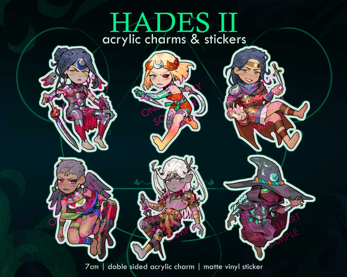 🌿#Hades2 CHARMS PRE0RDER!🌿

-7cm acrylic charms 
-Doble sided  
-Available as vinyl stickers
-Made with lots of love!

These will be open until June 2nd! You can check them out in the tweet below 🥰