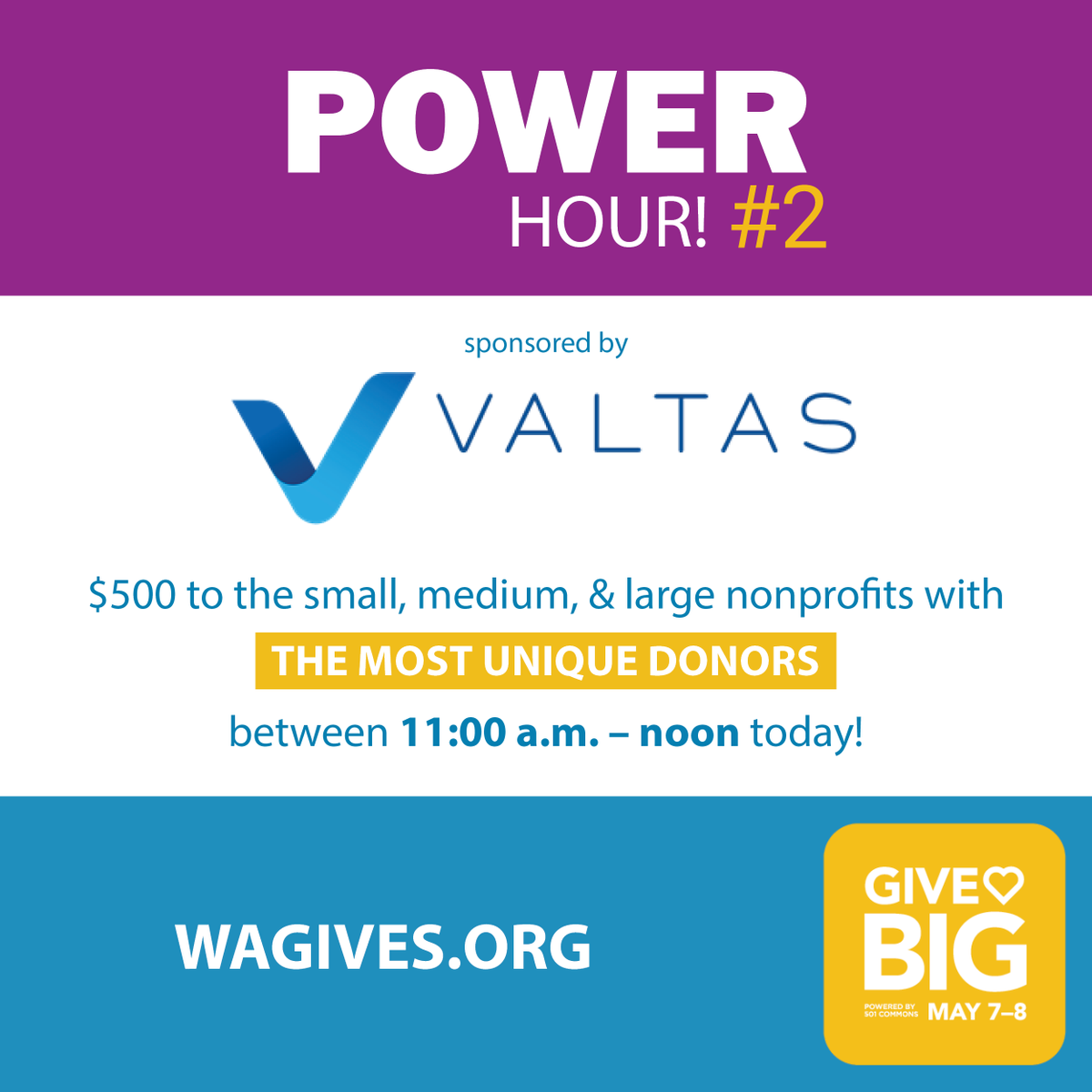 Good morning! We're excited to announce that there's a second Power Hour happening today from 11:00 a.m. to noon sponsored by the Valtas Group. They're giving a $500 prize to the #GiveBIG organizations with the most unique donors! #ThatGivingFeeling wagives.org/p/ValtasPowerH…