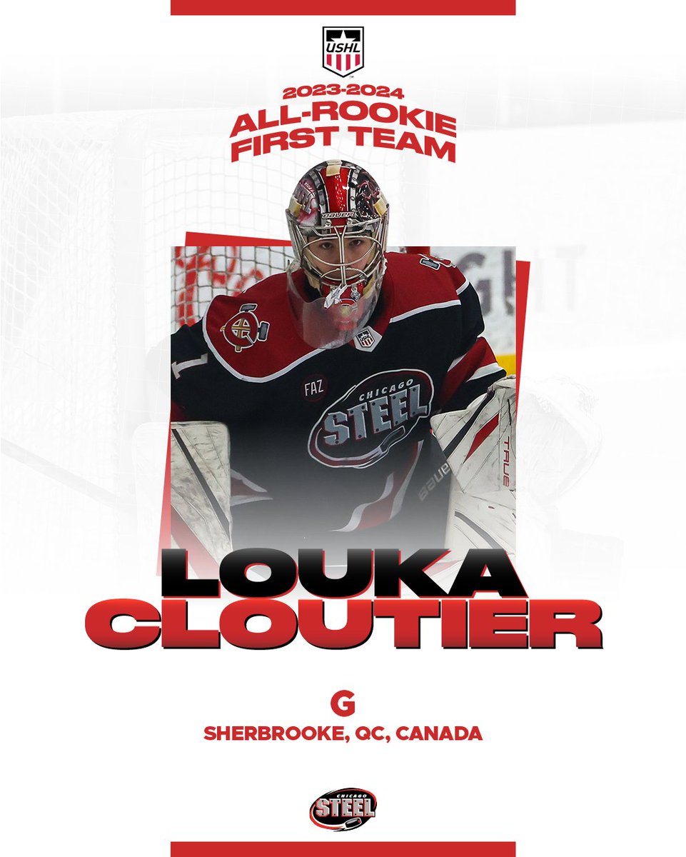 Congratulations to goaltender Louka Cloutier on being named to the 2023-24 @USHL All-Rookie First Team! 🏆

Cloutier becomes the 3rd goaltender in franchise history to be named to the All-Rookie First Team (Jack Stark, Oskar Autio).

#FeelSteel