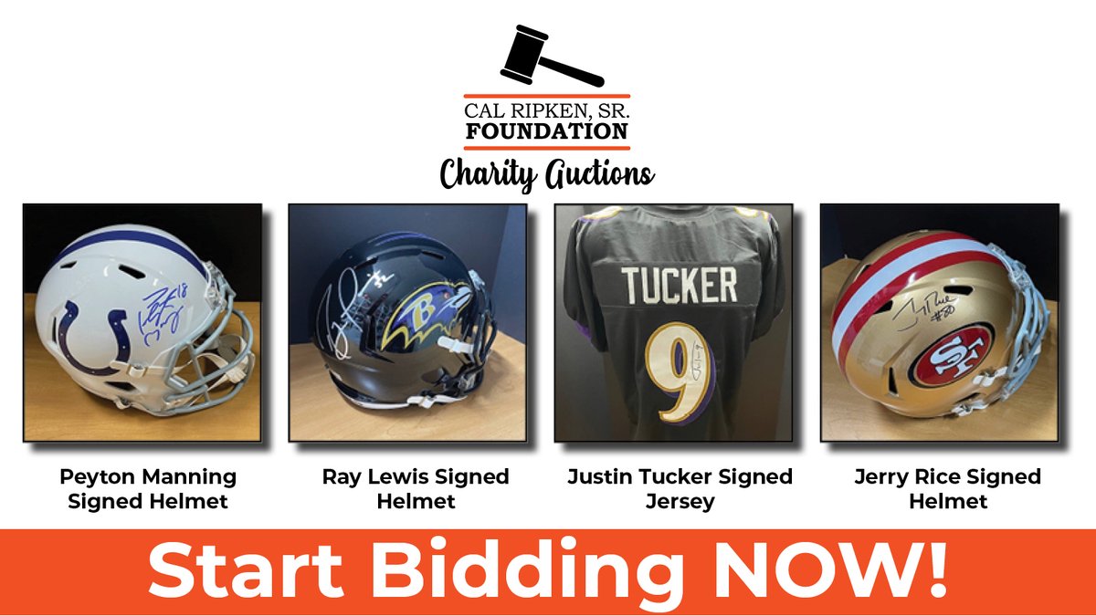 Bid on some of your favorite sports memorabilia, including a signed Peyton Manning helmet, Ray Lewis signed helmet, Justin Tucker signed Jersey, and Jerry Rice signed helmet. All proceeds support the Ripken Foundation's programs across the country. crsfauctions.givesmart.com