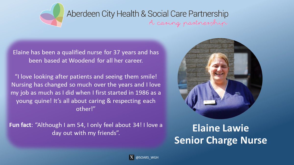 To end the day, lets meet another member of the amazing nursing team at Woodend for #InternationalNursesDay '...I love my job as much as I did when I first started in 1986 as a young quine' Here we meet Elaine Lawie, Senior charge Nurse 🏥 #IND2024 #OurNursesOurFuture