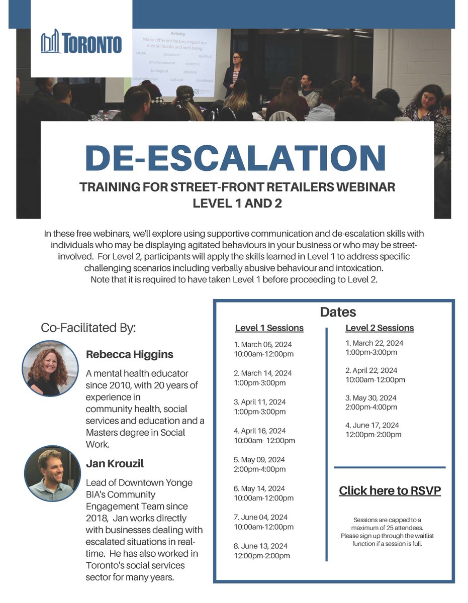 There are still spots remaining for the City's de-escalation training for streetfront businesses. Help your staff shore up their de-escalation skills in the workplace. Sign up for free today: bit.ly/De-EscalationTO #YongeLove
