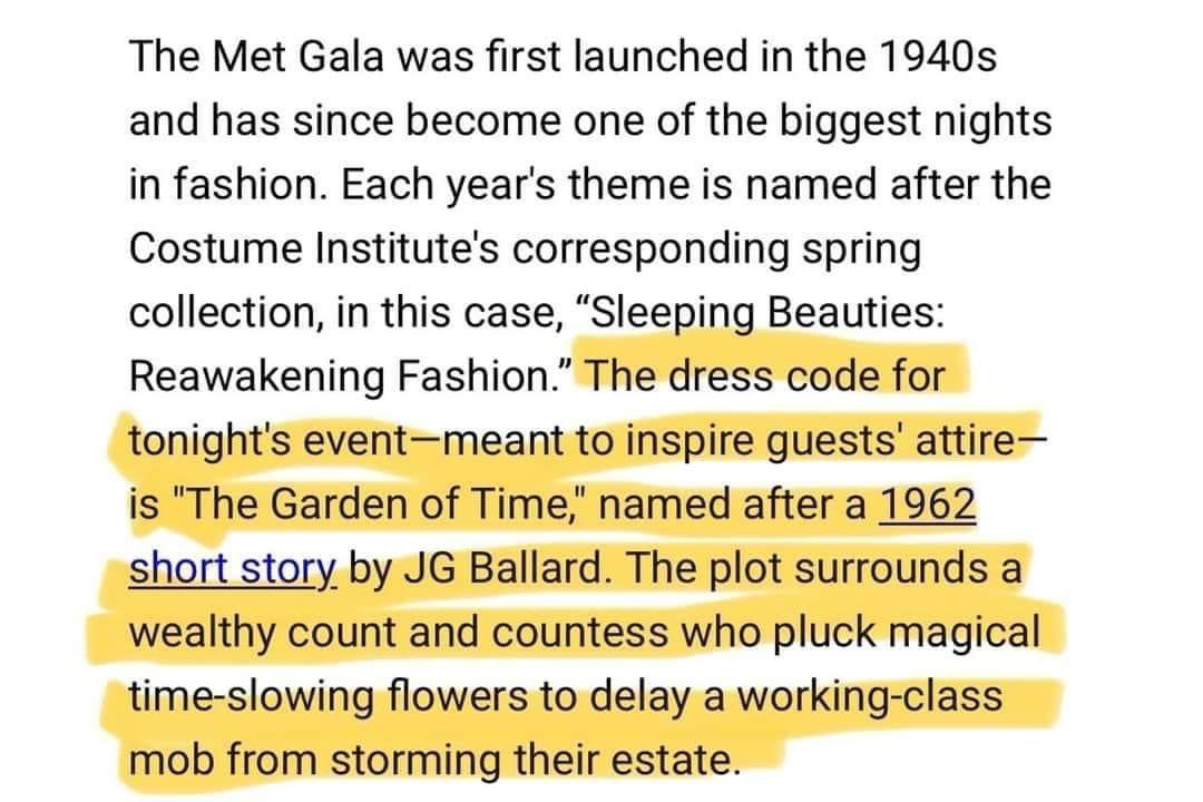 Just when I thought the #MetGala couldn’t be anymore disgusting, I find out the inspiration for the 2024 theme. All I have to say is: EAT THE FUCKING RICH!! 🍽️🍽️🍽️