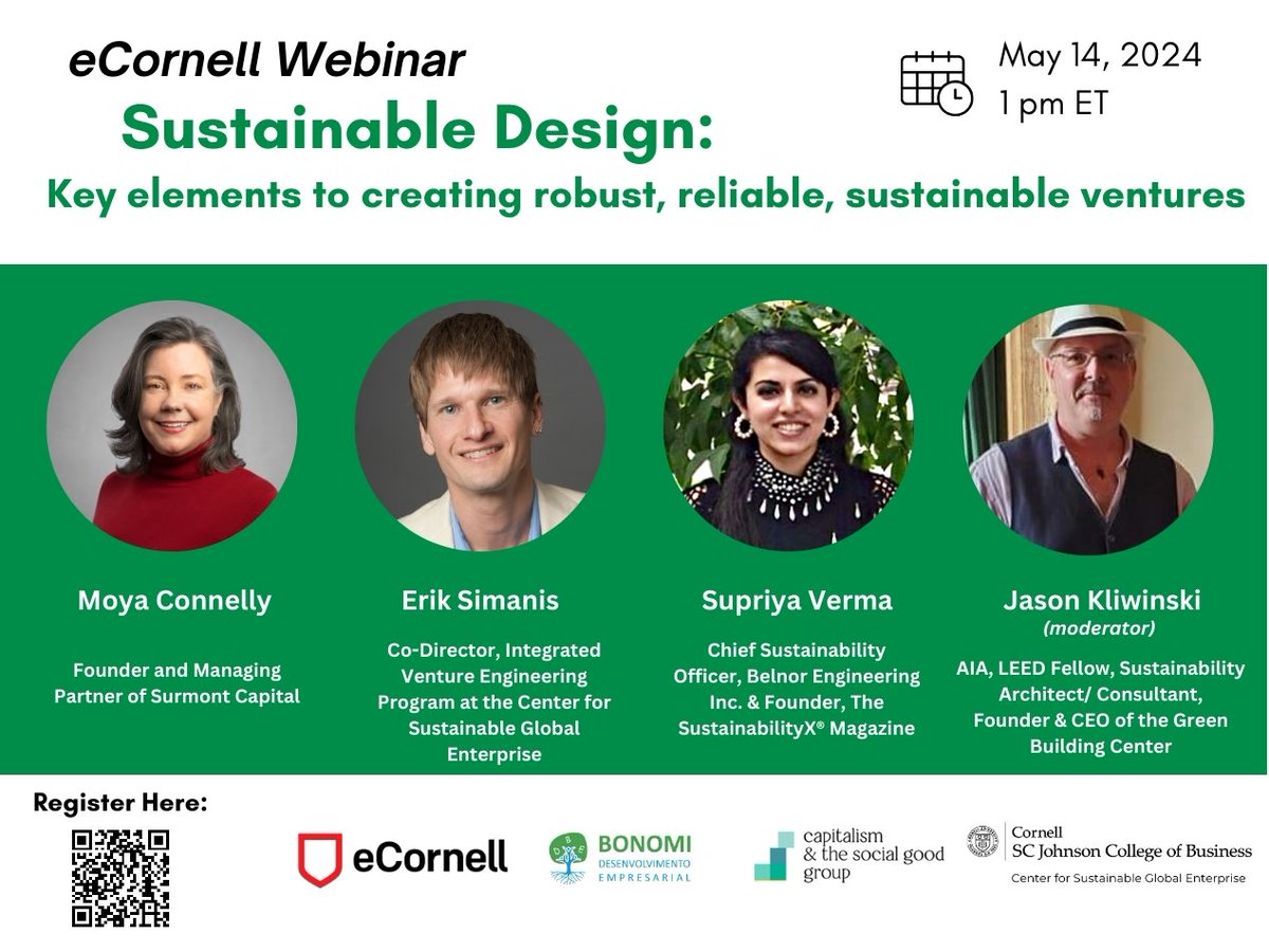 Join us for a great discussion on #sustainable #design <a href="/ecornell_online/">eCornell</a> <a href="/Cornell/">Cornell University</a> <a href="/CornellSGE/">CSGE</a> . Register through the QR Code or through the link: ecornell.cornell.edu/keynotes/overv…