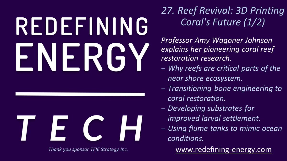 🎤Redefining Energy TECH27 Reef Revival: 3D Printing Coral's Future (1/2) #applepodcasts podcasts.apple.com/gb/podcast/red… #Spotify open.spotify.com/show/5wwTdK7Tm… Host @mbarnardca discusses Coral Reef restauration with Professor Amy Wagoner Johnson, University of Illinois @HFES_Illini