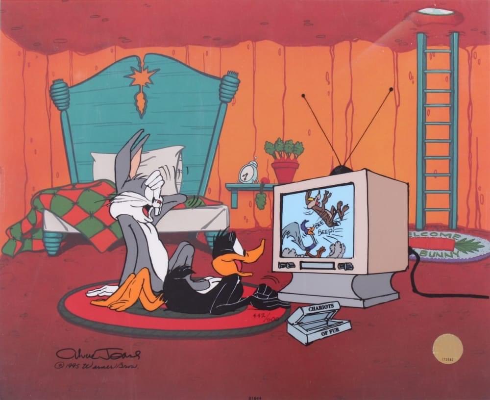 #looneytunes Lol great cel by Chuck Jones of Bugs n Daffy watching Wile 😂😆!