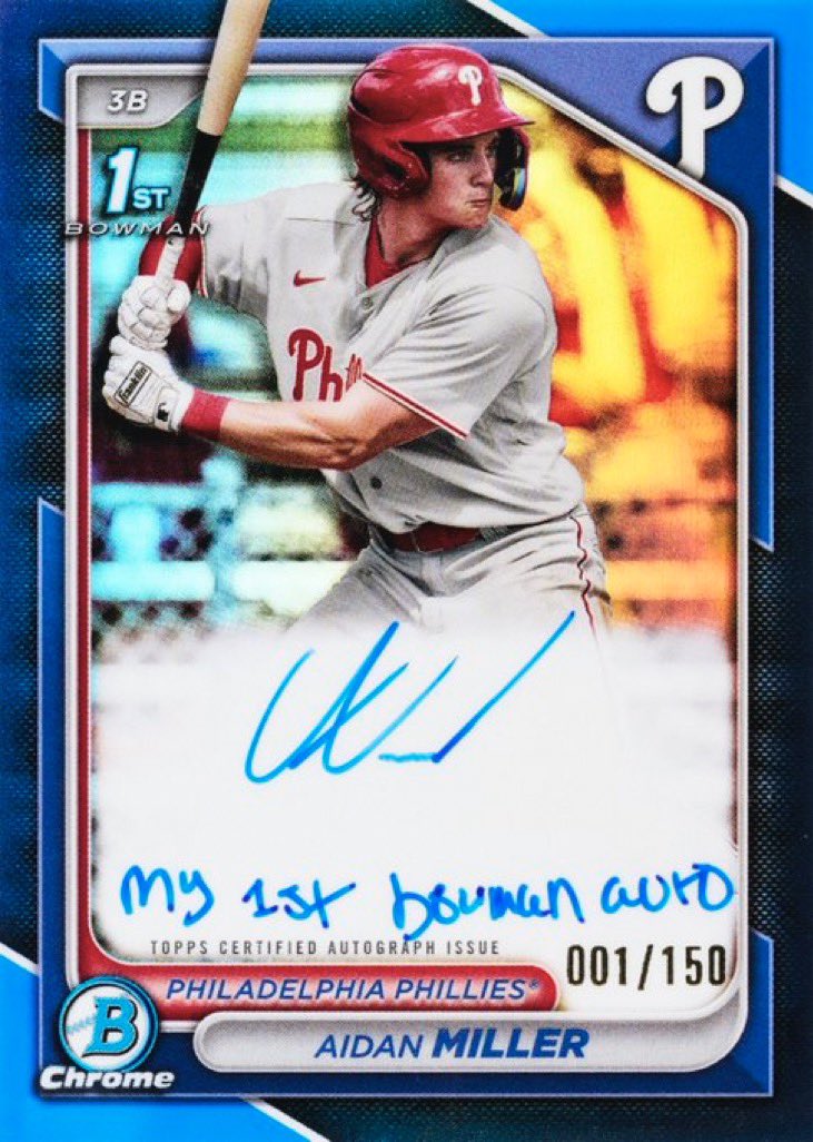 🔥🔥Topps just announced that the 001/150 autos in Bowman will have this “My 1st Bowman Auto” inscription… I might have to chase this card of @aidanmiller__! @Topps @Phillies #thehobby