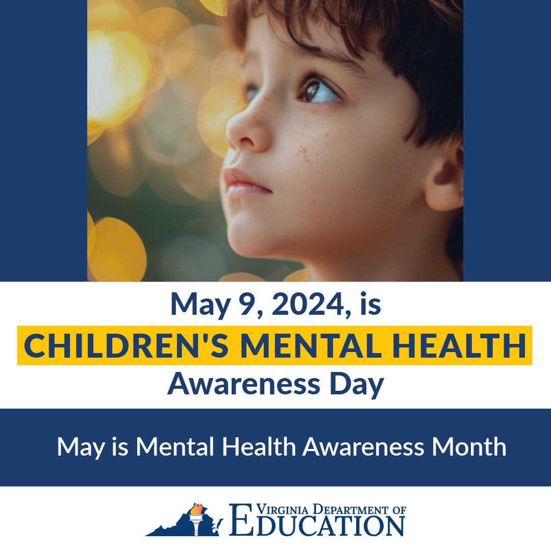 Children’s Mental Health Awareness Day (#CMHAD) is May 9, 2024. Help raise awareness of the importance of every child’s mental health. Visit the @VDOE_News Behavioral Health & Wellness webpage @ tinyurl.com/j7y7efnn for resources to promote & support students’ well-being.