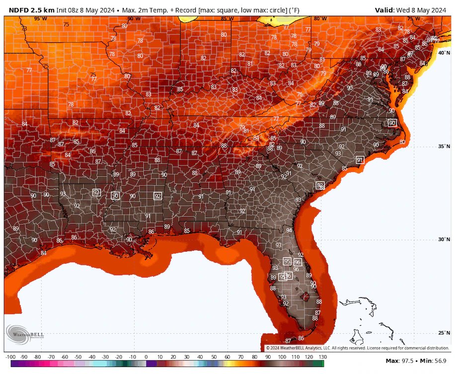 It's sweltering in Texas (where temps have topped 105) and also unusually steamy across the Gulf Coast, Florida, Southeast and Mid-Atlantic. Numerous records could be set today. Updated info ⤵️ washingtonpost.com/weather/2024/0… Pictured: forecast highs Wednesday.