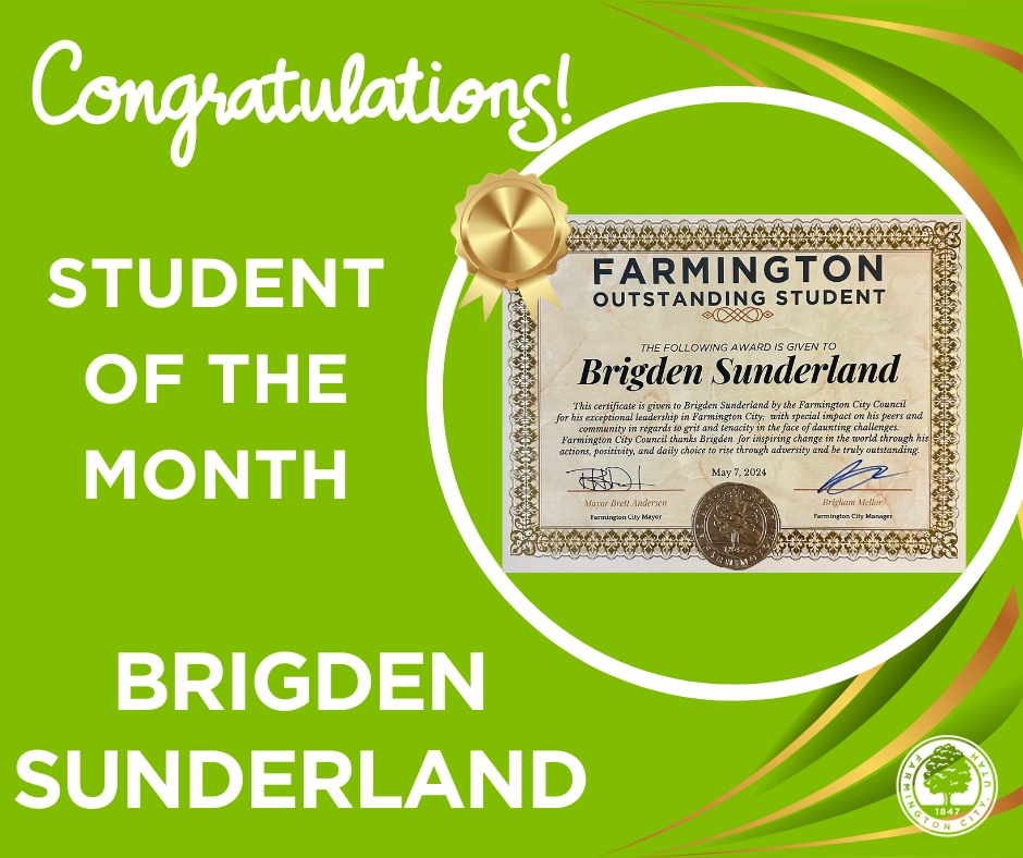Congratulations to Brigden Sunderland who was nominated as May's Student of the Month by Chief of Police, Eric Johnsen!  Brigden is pictured here with Mayor Anderson and his family and friends.

#studentofthemonth #farmingtoncity #citycouncil #community #utah #football #family