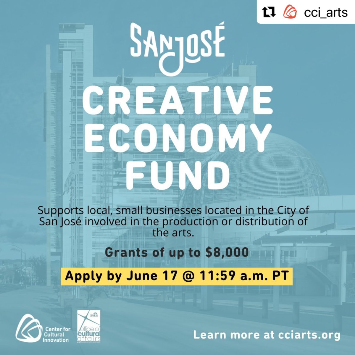#Repost @cci_arts
Calling all San José/South Bay #artists and #artsworkers! Do you run an #arts, #cultural, and/or creative-based commercial business in the @CityofSanJose?