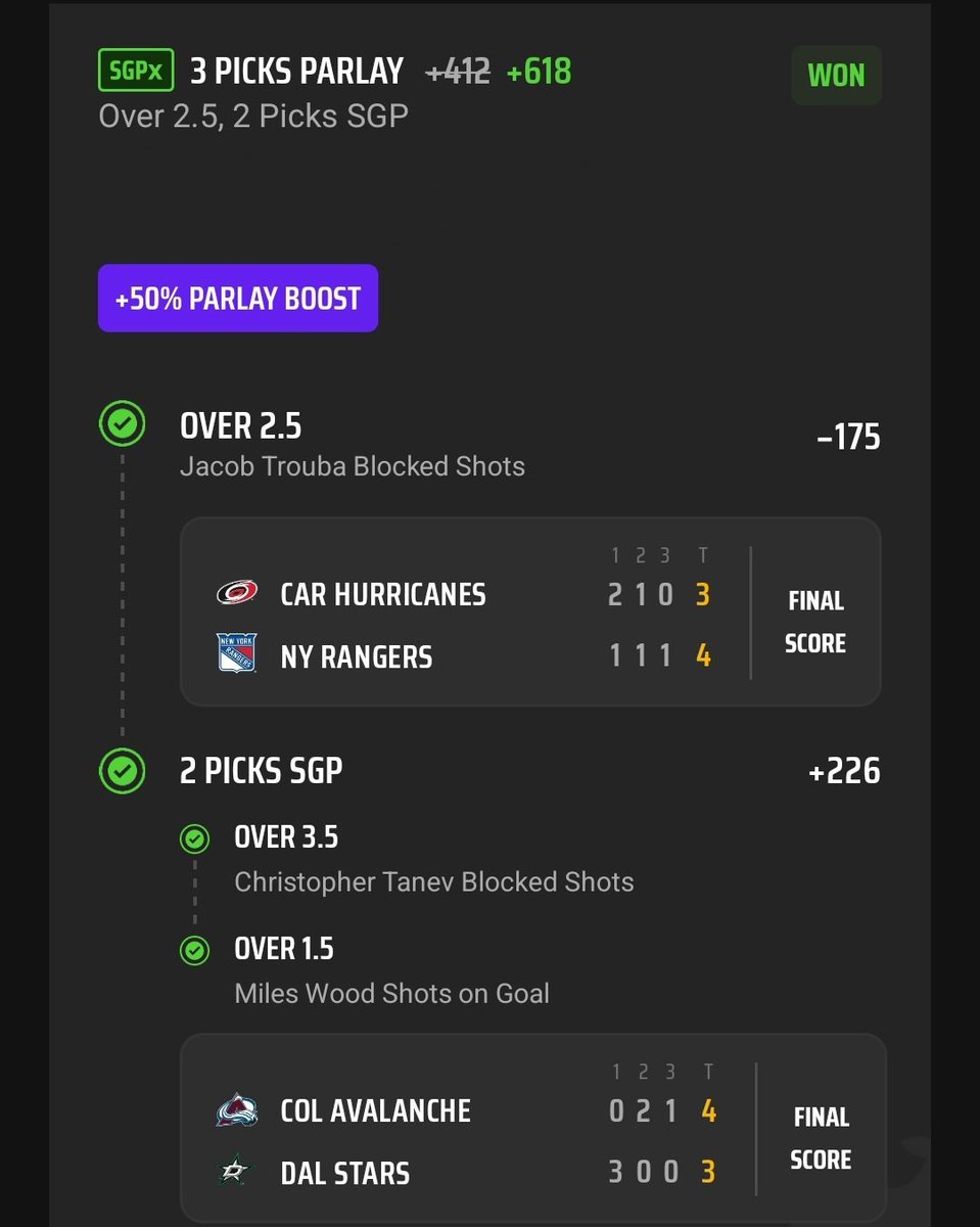 Another big parlay winner found in @ThePlaybookHQ discord from us!

Boosted to +618 on DraftKings

Join us and win
🔗bit.ly/theplaybookhq

#WinningWednesday #sportsbettingpicks #GamblingTwitter #GamblingX #sportsbettingtwitter #NHLPlayoffs2024 #nhlpicks #PlayerProps #propbets