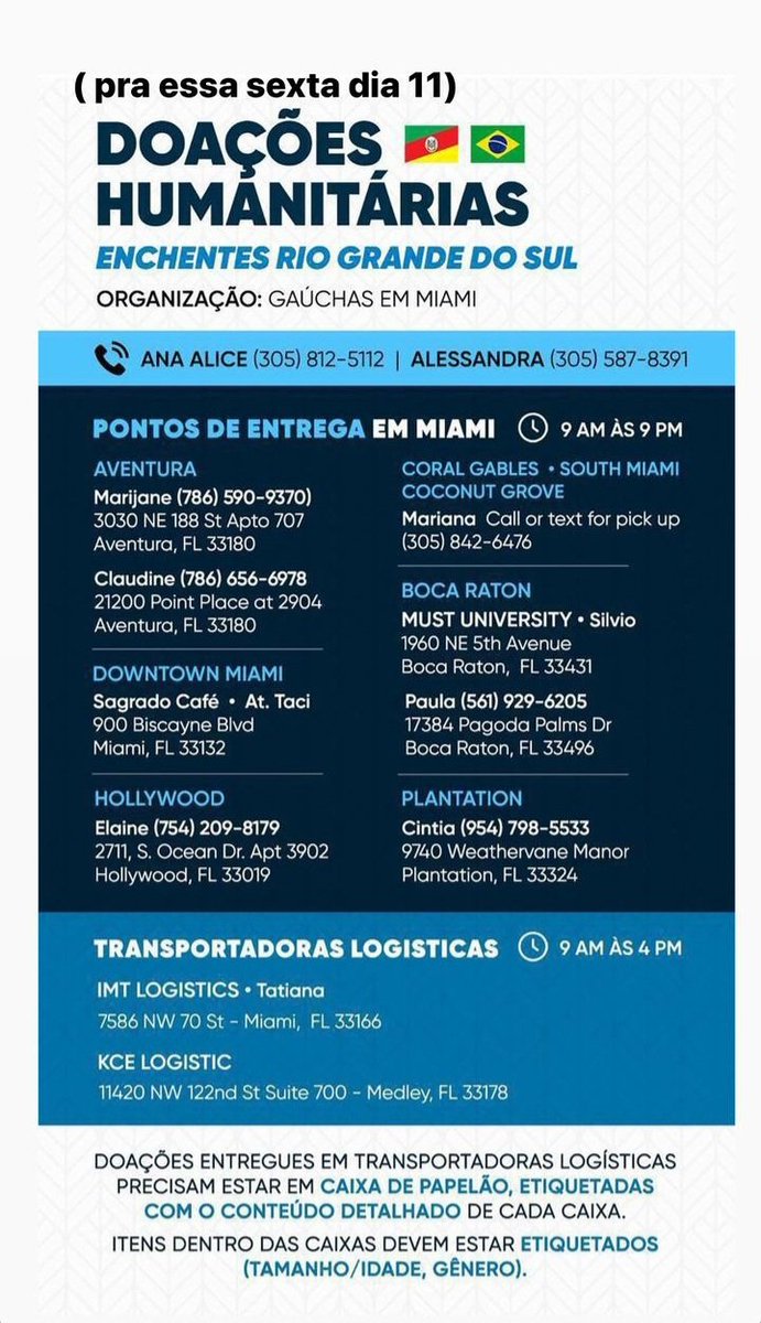 TCTrigilloFahad's tweet photo. #tudopeloRGdoSul 
#SosRioGrandeDoSul
This Friday the planes leave with aid to Brazil, the donation stations are below 👇👇👇👇👇👇👇 https://t.co/7AS9t4R1M0