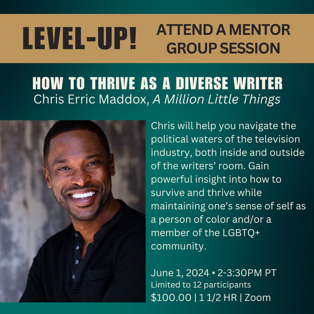 NextLevelScribe's tweet photo. Elevate Your Screenwriting Game. Join a Next-Level Scribe Mentor Group Session...

HOW TO THRIVE AS A DIVERSE WRITER w/ A Million Little Thing's @ChrisErric 
June 1 • 2-3:30PM PT • Limited to 12 Participants • $100 via Zoom

Reserve Your Spot Today.
https://t.co/qbJIc1qJ6q https://t.co/SQL6SeOZzV