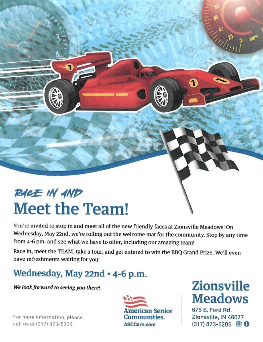 Save the Date! Wed. May 22nd! 'Race In and Meet The Team' at Zionsville Meadows!