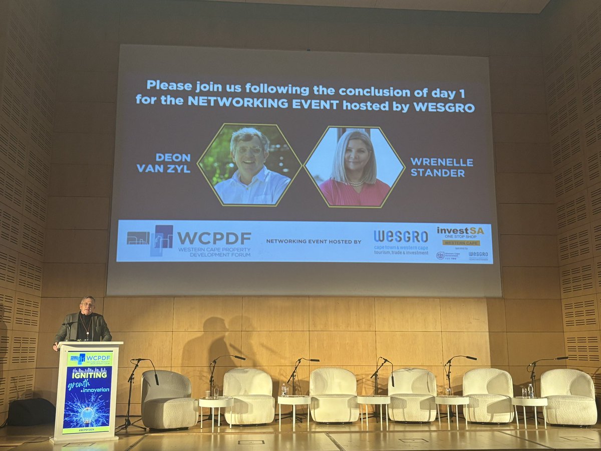 That’s a wrap for Day 1 of the 11th annual @WCPDFconference at the CTICC! 

Chairperson, Deon van Zyl and Wrenelle Stander, CEO of @Wesgro on stage.

Follow our feed tomorrow for Day 2!
 
#propertydevelopment #construction #builtenvironment #WCPDF2024 #westerncape