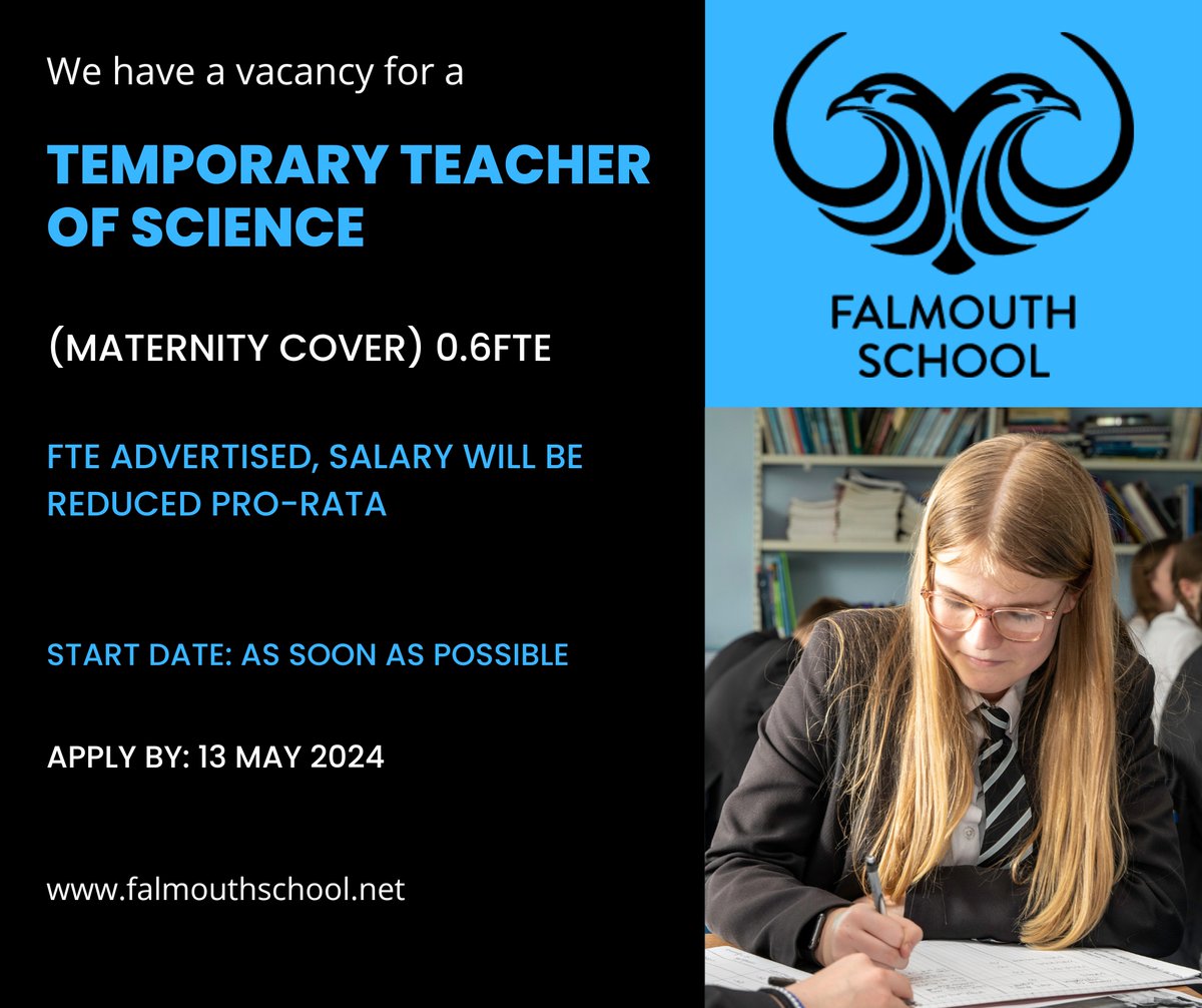 Are you passionate about teaching Science? If the answer is yes, this is a fantastic opportunity for you! Temporary Teacher of Science (maternity cover) 0.6FTE 

Apply at tes.com/jobs/vacancy/t…

#FalmouthSchool #TeachingJobs #Cornwall #Science